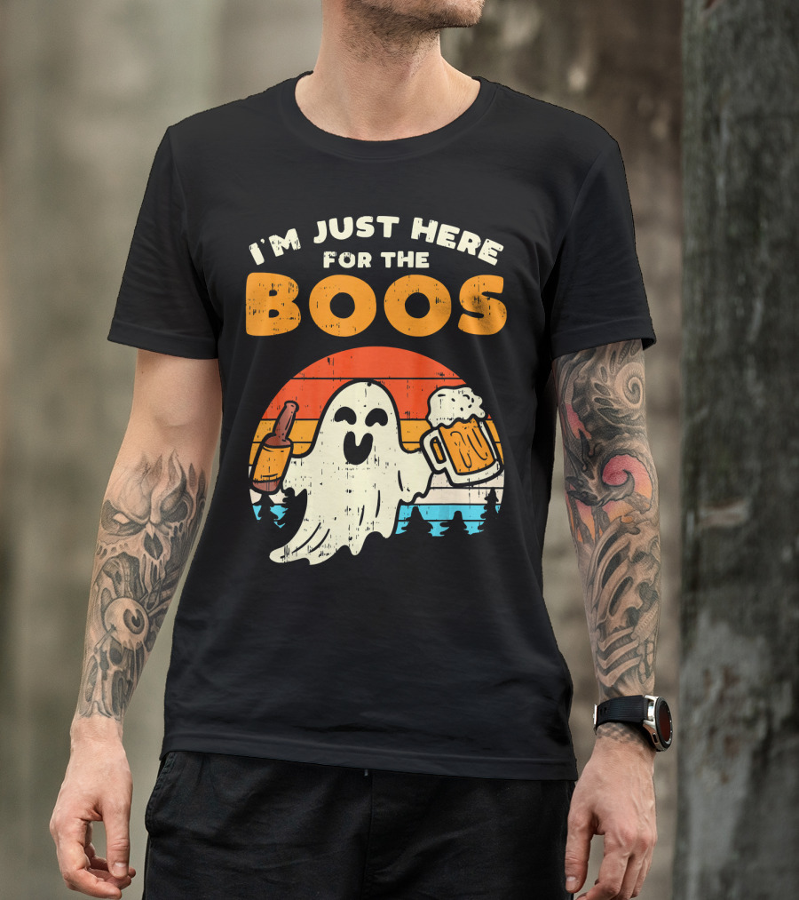 I'm Just Here For The Boos Retro Ghost With Drink And Bee T-Shirt