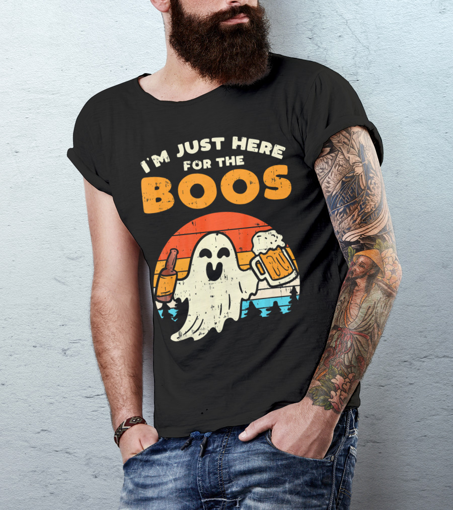 I'm Just Here For The Boos Retro Ghost With Drink And Bee T-Shirt