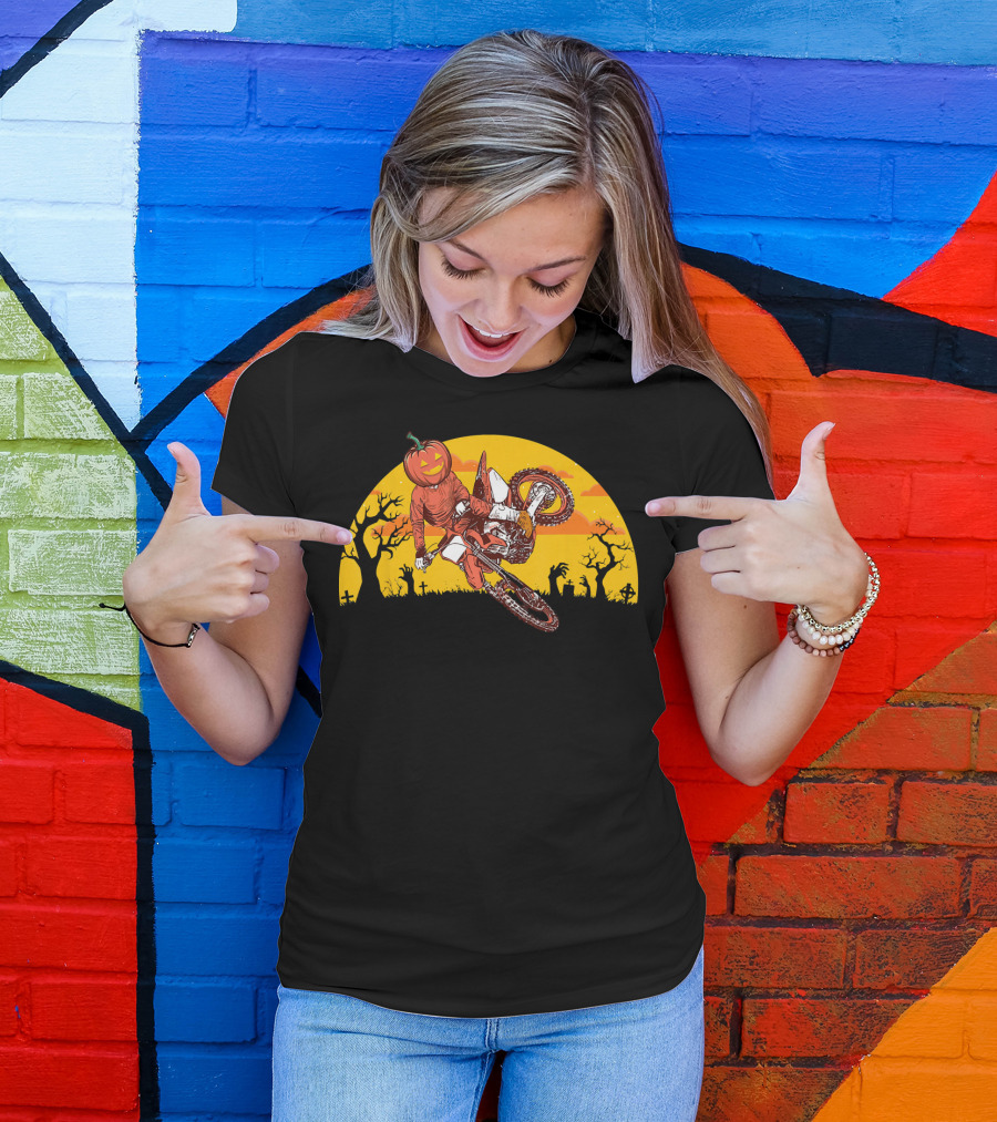 Halloween Pumpkin Head Motocross Trick With Haunted Trees And Sunset T-Shirt