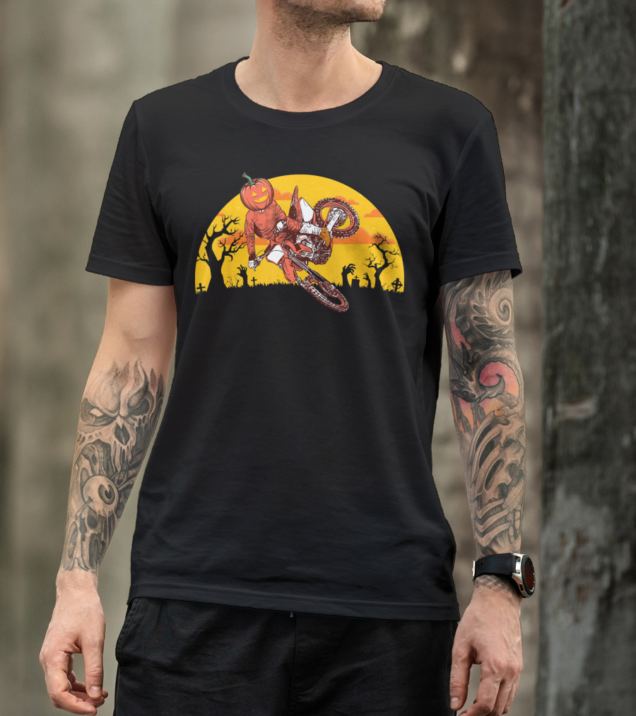 Halloween Pumpkin Head Motocross Trick With Haunted Trees And Sunset T-Shirt