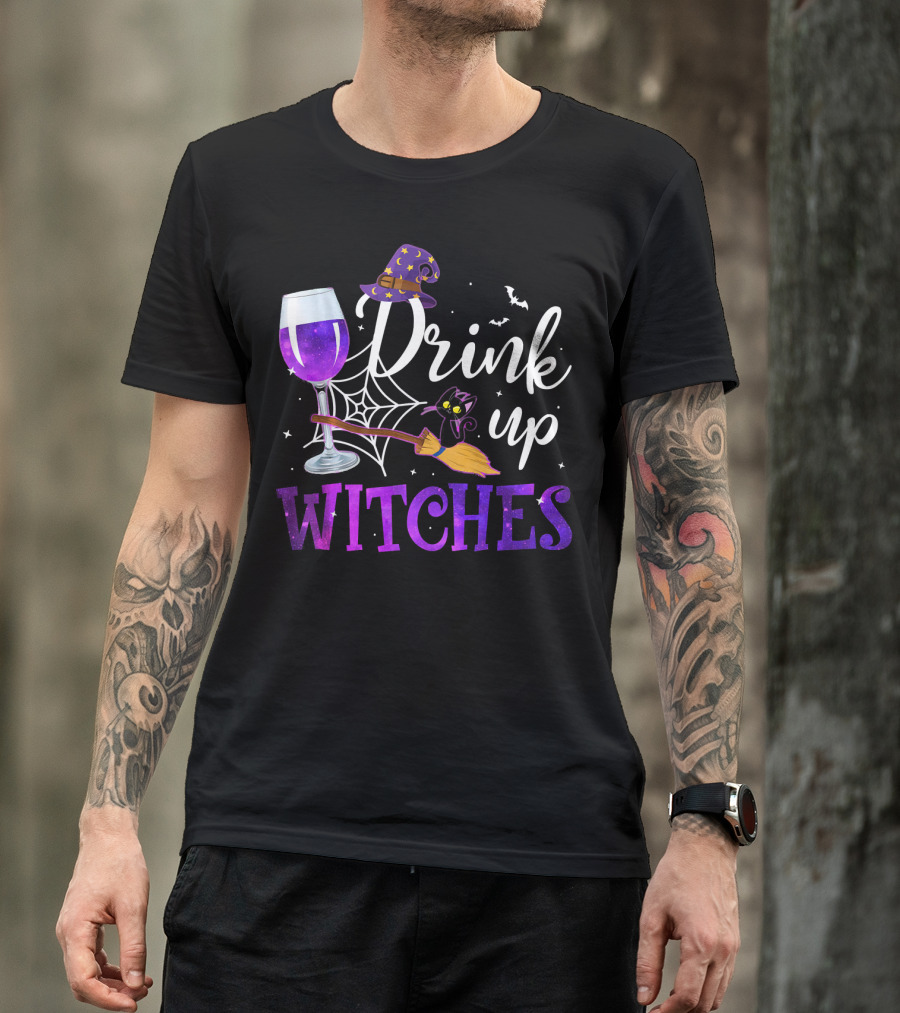 Drink Up Witches Wine Glass Purple Cat Broomstick Halloween Magic T-Shirt