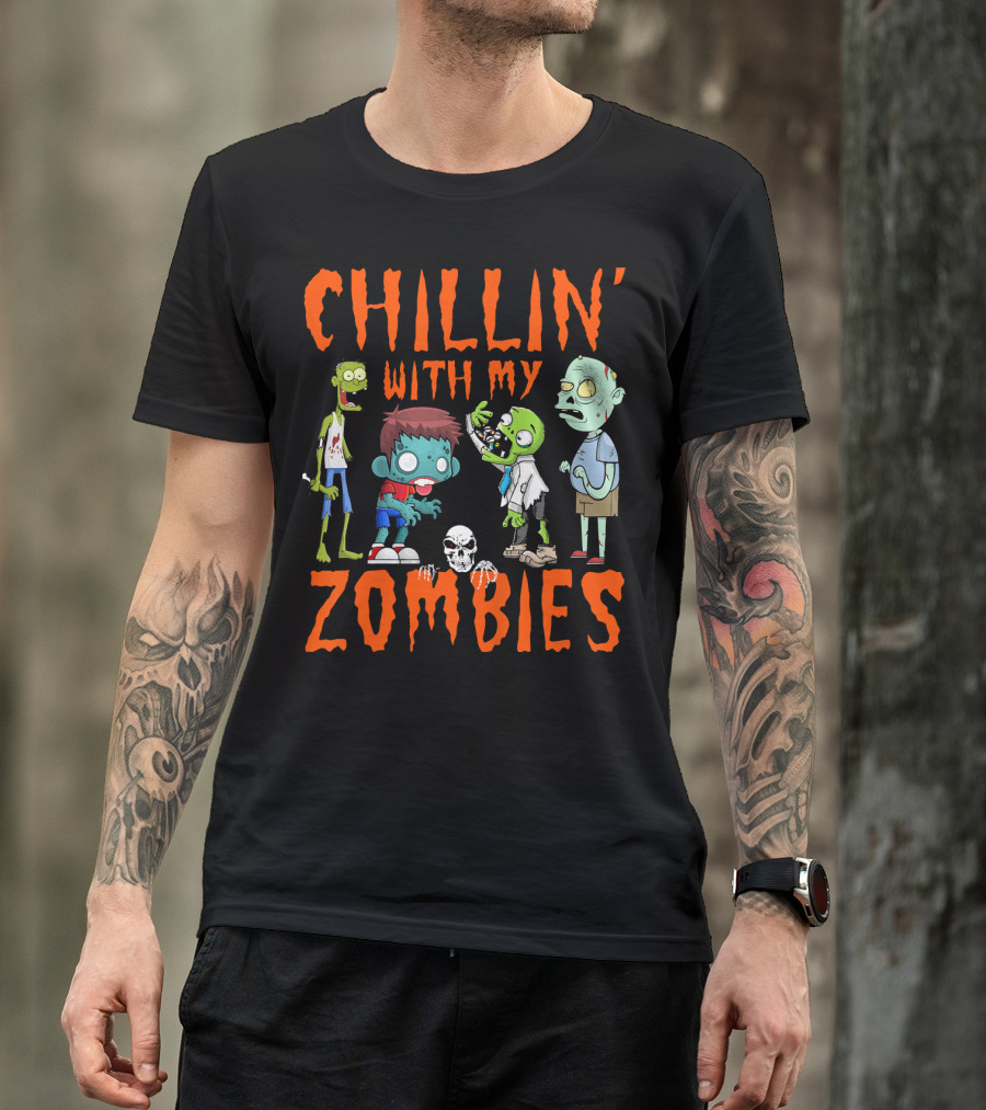 CHILLIN' WITH MY ZOMBIES Kids Halloween Fun T-Shirt