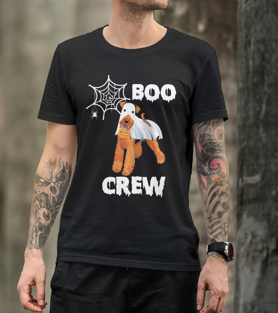 Airedale Terrier Boo Crew Halloween Ghost Costume With Spider Web And Pumpkin T-Shirt