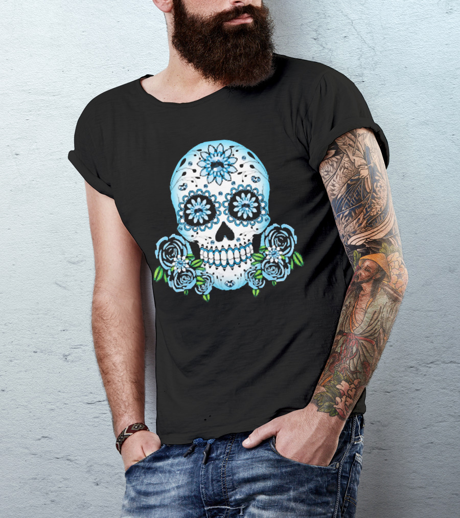 Blue Flowers Sugar Skull Día De Los Muertos Roses T-Shirt