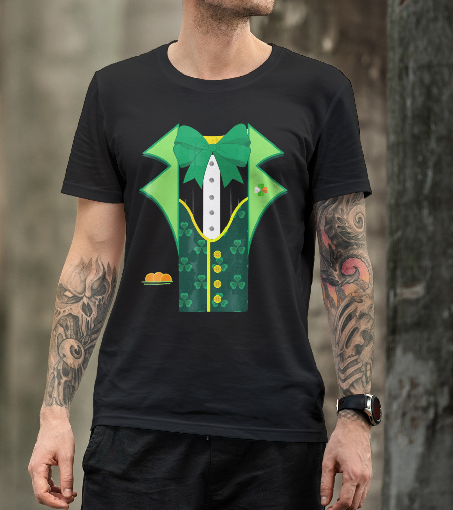 Leprechaun Costume One Sided Green Suit With Bow Tie And Shamrock Symbols T-Shirt