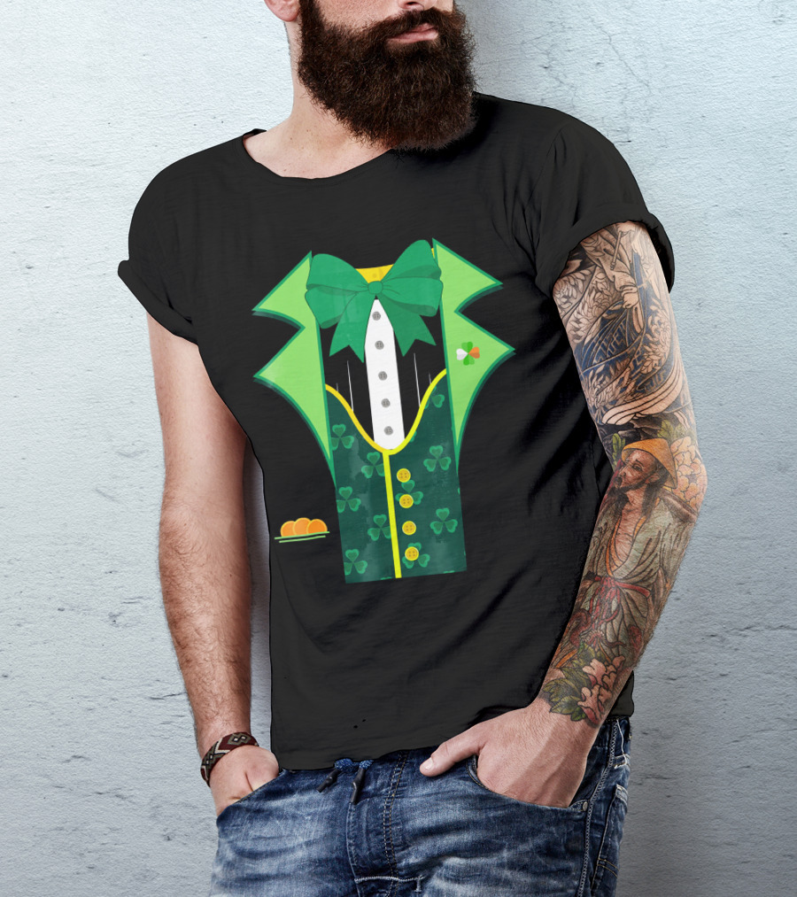 Leprechaun Costume One Sided Green Suit With Bow Tie And Shamrock Symbols T-Shirt