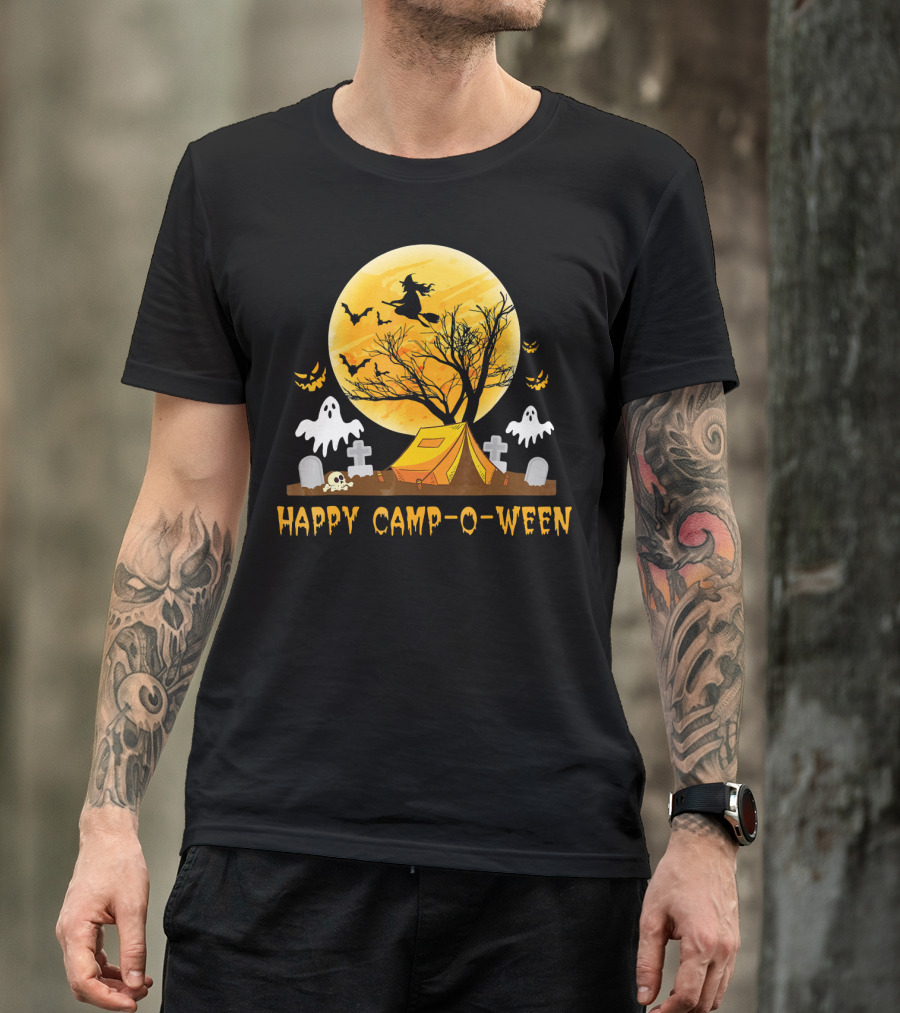 Happy Camp-O-Ween Witch Ghosts Halloween Camping Graveyard Moon T-Shirt