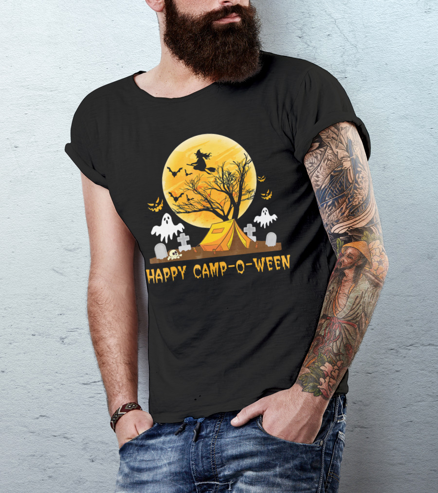 Happy Camp-O-Ween Witch Ghosts Halloween Camping Graveyard Moon T-Shirt