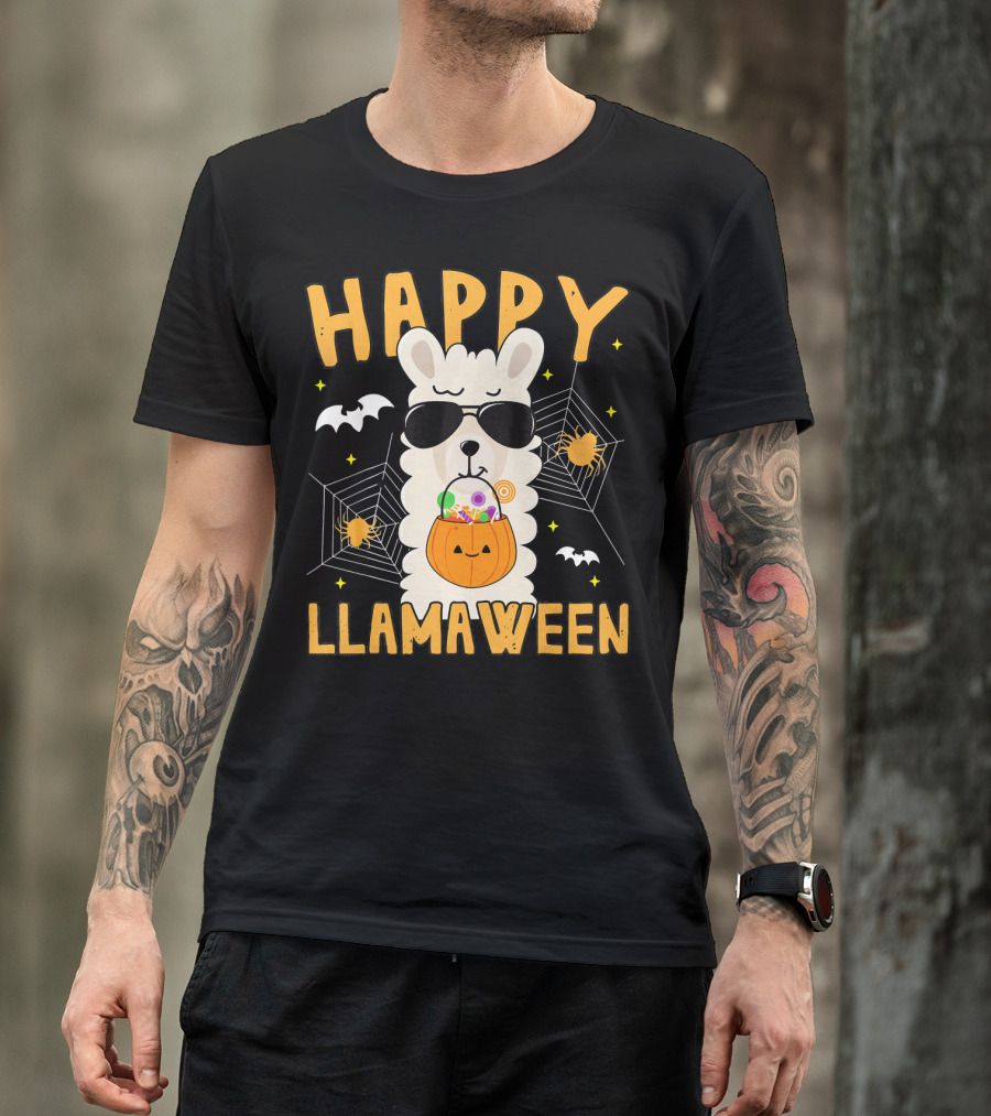 Happy Llamaween Halloween Llama With Sunglasses And Candy Basket T-Shirt