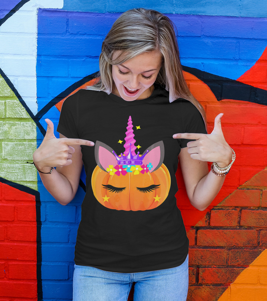 Halloween Pumpkin Unicorn With Floral Crown And Stars T-Shirt