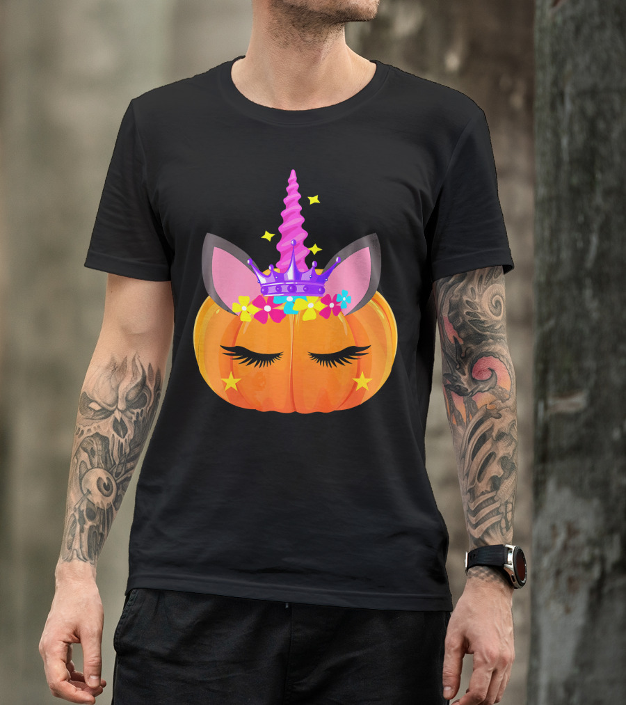Halloween Pumpkin Unicorn With Floral Crown And Stars T-Shirt