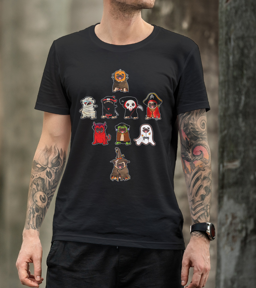 Pug Halloween Costume Lion Mummy Ninja Grim Reaper Pirate Devil Frankenstein Ghost Witch T-Shirt