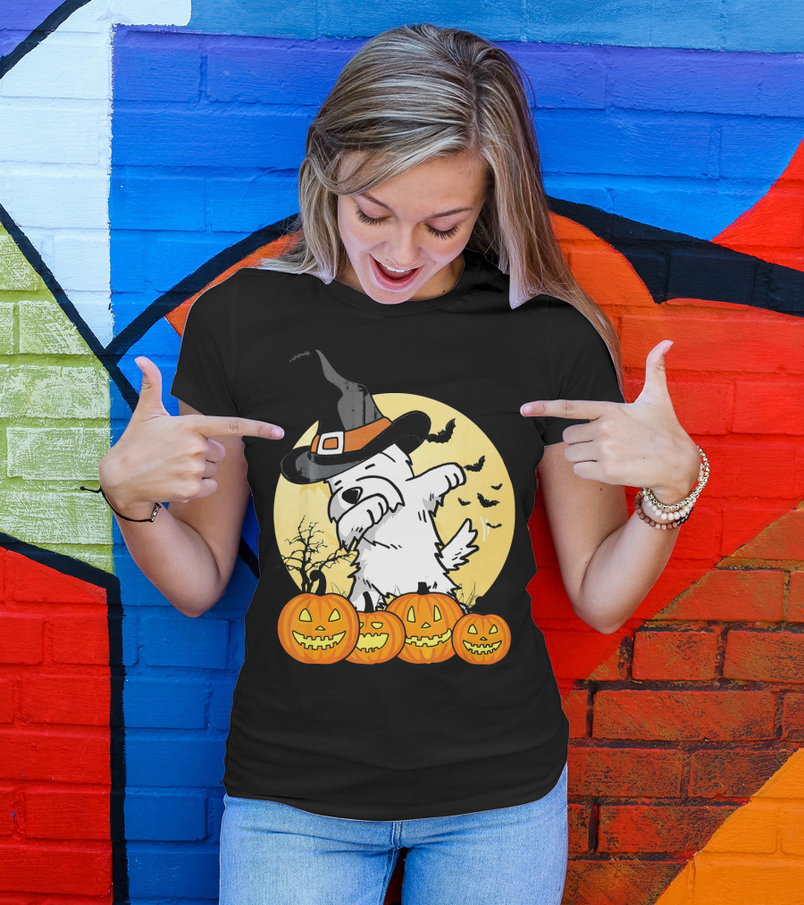 Funny Dabbing Westie Witch With Pumpkins And Bats Halloween Dog Dance T-Shirt