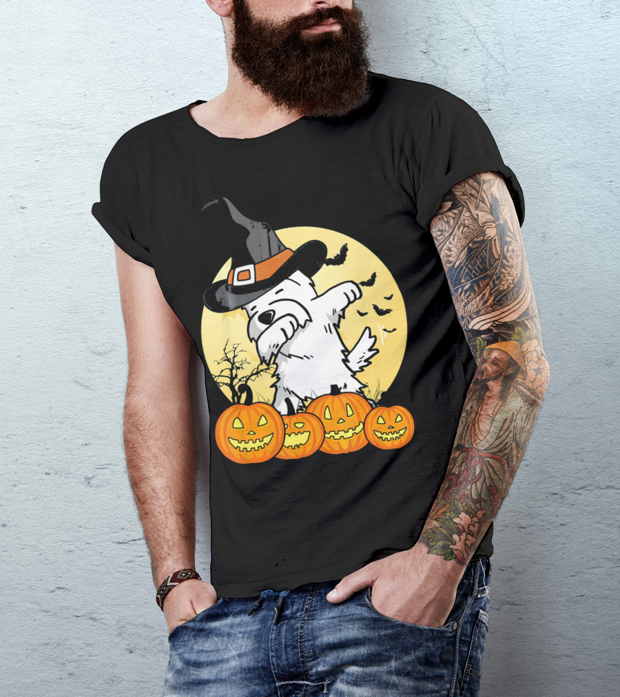 Funny Dabbing Westie Witch With Pumpkins And Bats Halloween Dog Dance T-Shirt