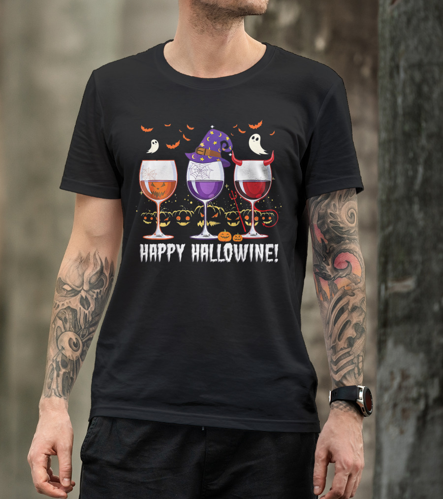 Happy Hallowine Ghosts Pumpkins Witch Hat Devil Horns Wine Glasses T-Shirt