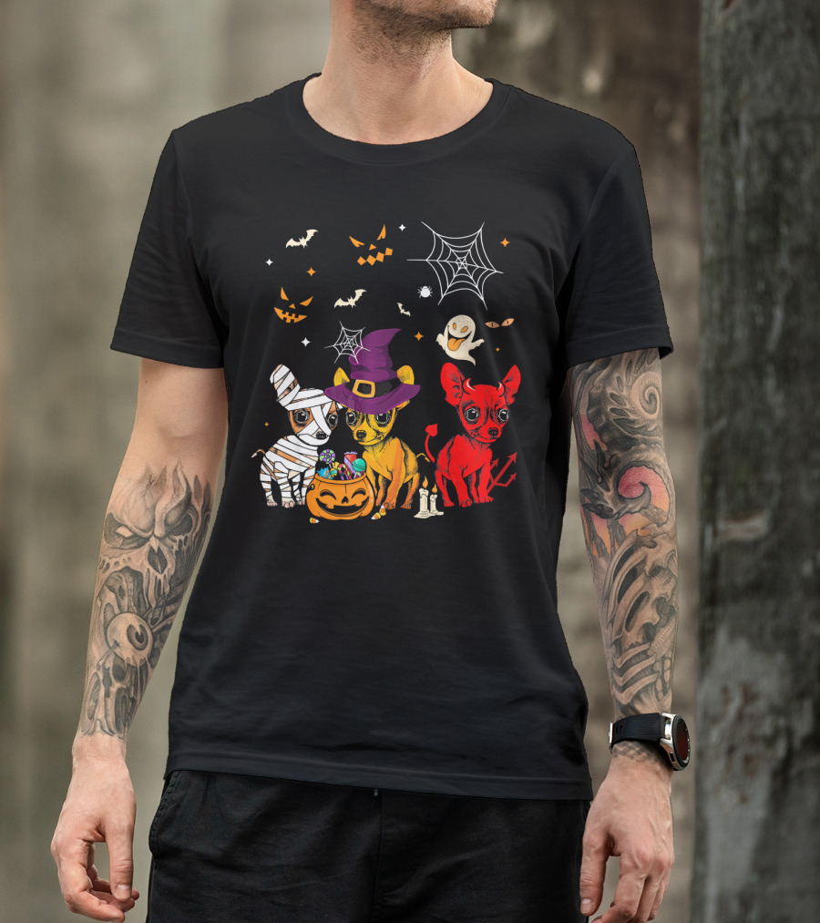Three Chihuahuas Halloween Mummy Witch Devil T-Shirt