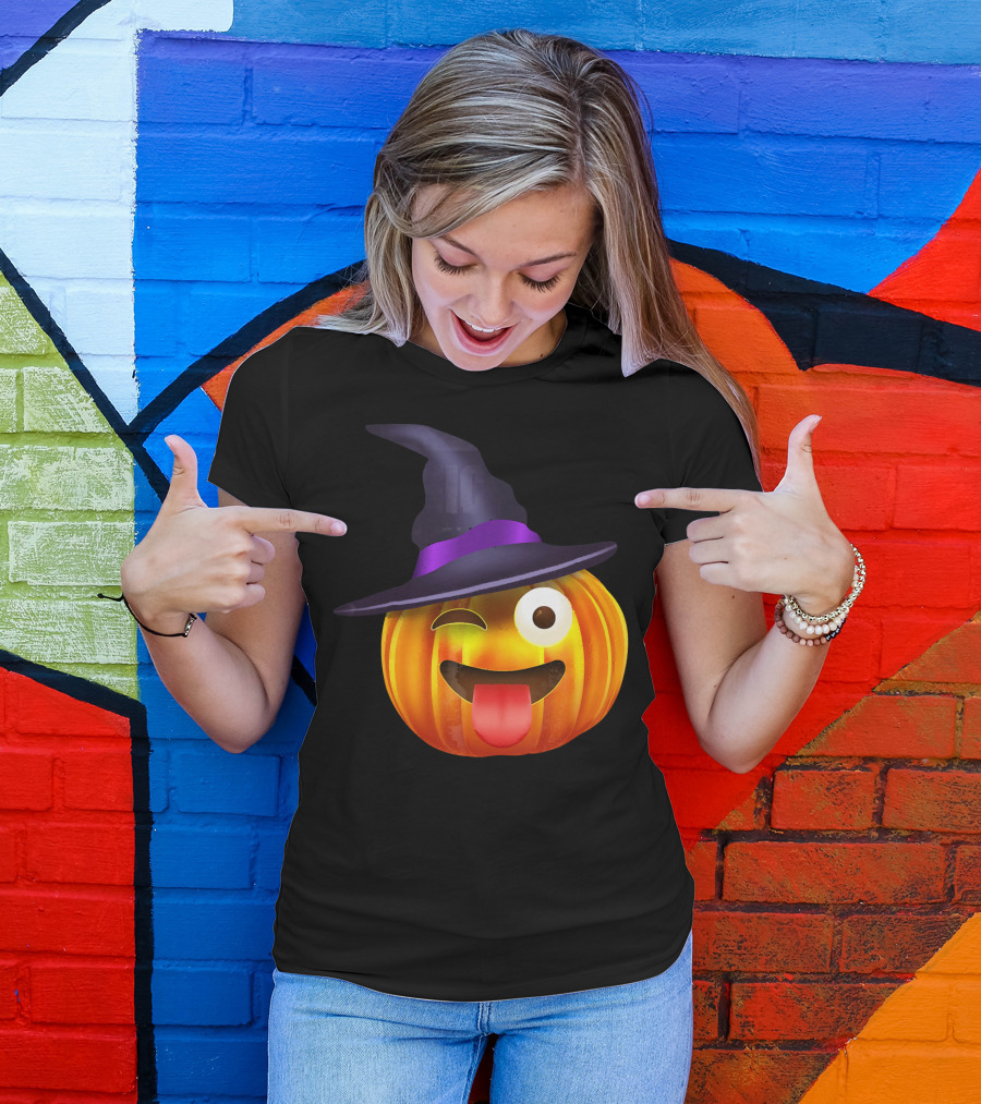 Halloween Costume Emoji Pumpkin Witch Hat Face T-Shirt