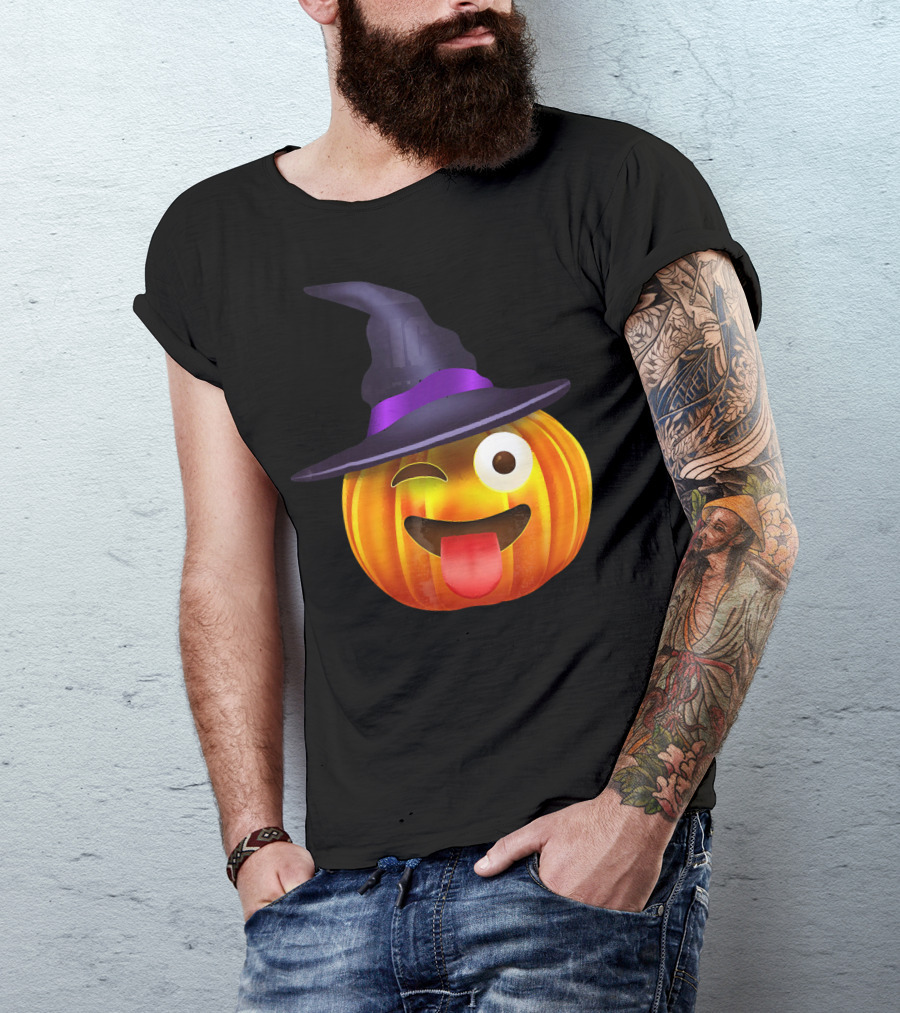 Halloween Costume Emoji Pumpkin Witch Hat Face T-Shirt