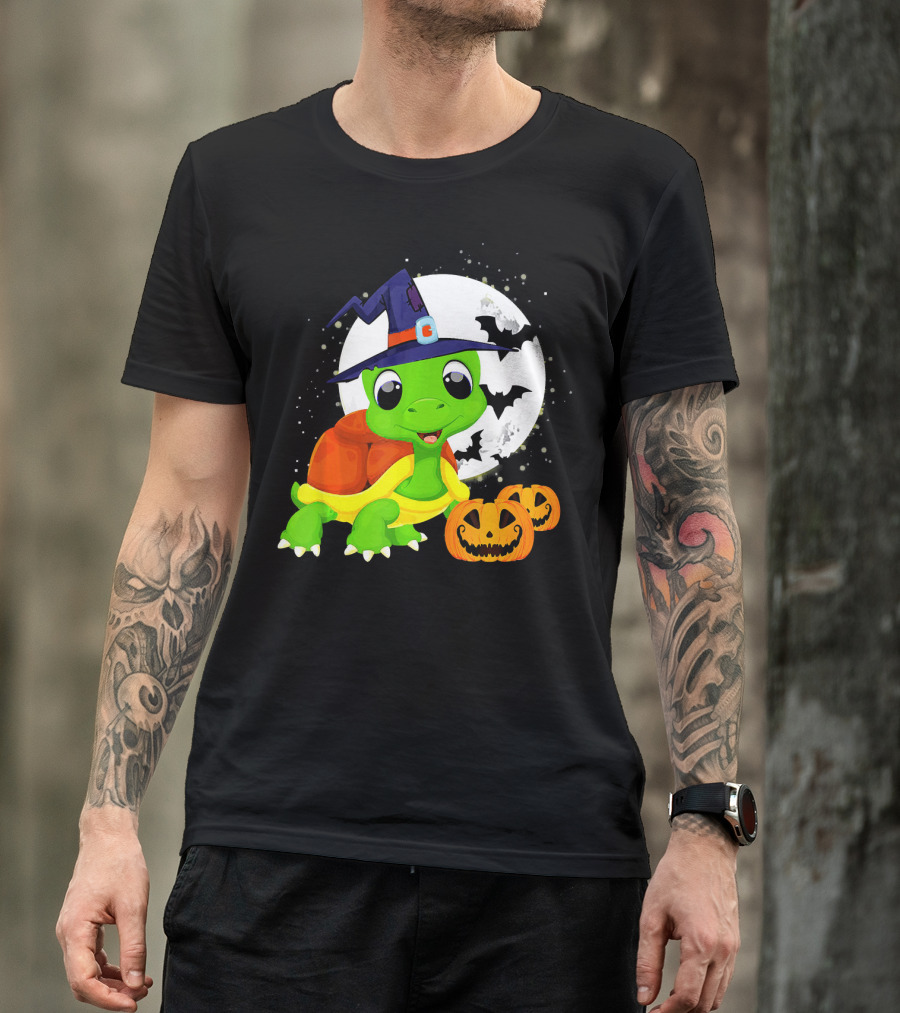 Turtle Witch Halloween Pumpkin Moon And Bats T-Shirt