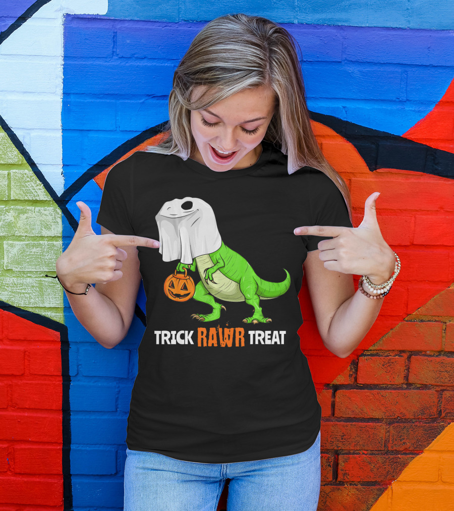 Trick RAWR Treat Halloween Rex Dinosaur Ghost Pumpkin T-Shirt