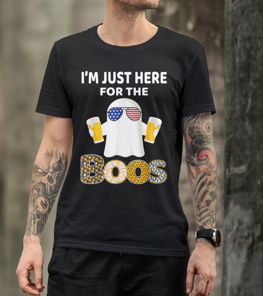 I'm Just Here For The Boos Ghost With American Flag Sunglasses And Beer T-Shirt