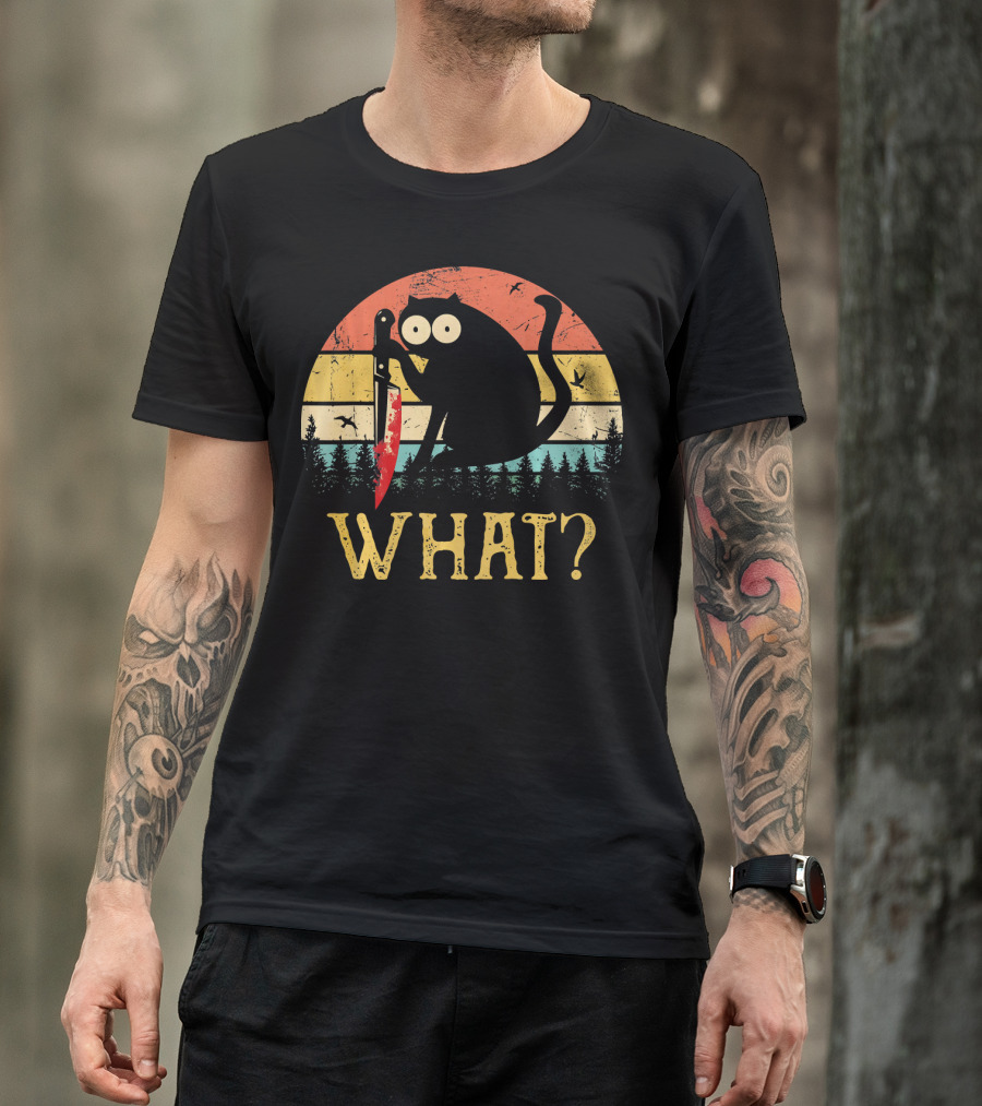What Knife Funny Murderous Black Cat Retro Sunset T-Shirt
