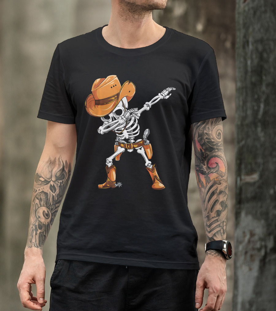 Dabbing Skeleton Cowboy In Orange Hat And Boots T-Shirt