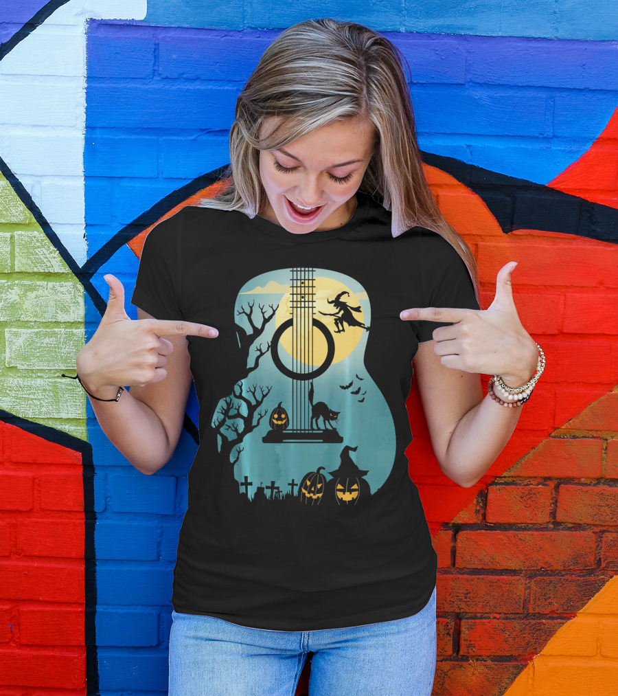 Halloween Guitar Witch Cat Pumpkins And Bat Scene T-Shirt