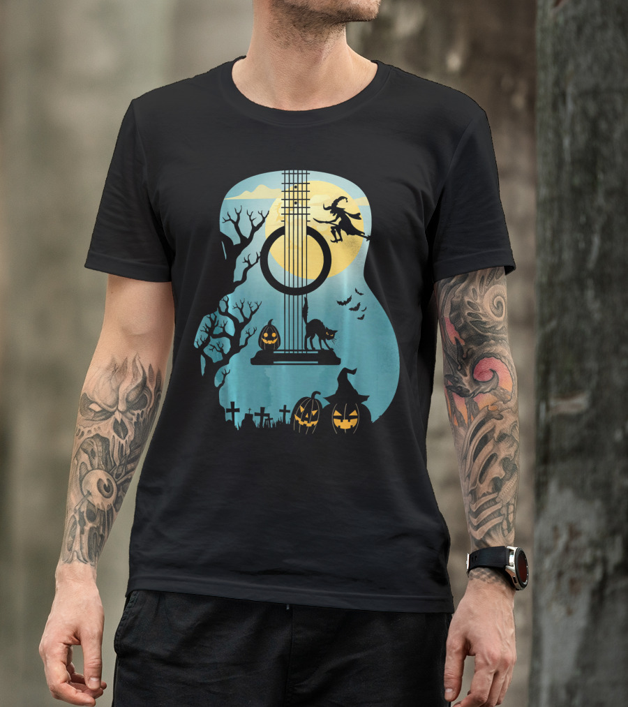 Halloween Guitar Witch Cat Pumpkins And Bat Scene T-Shirt