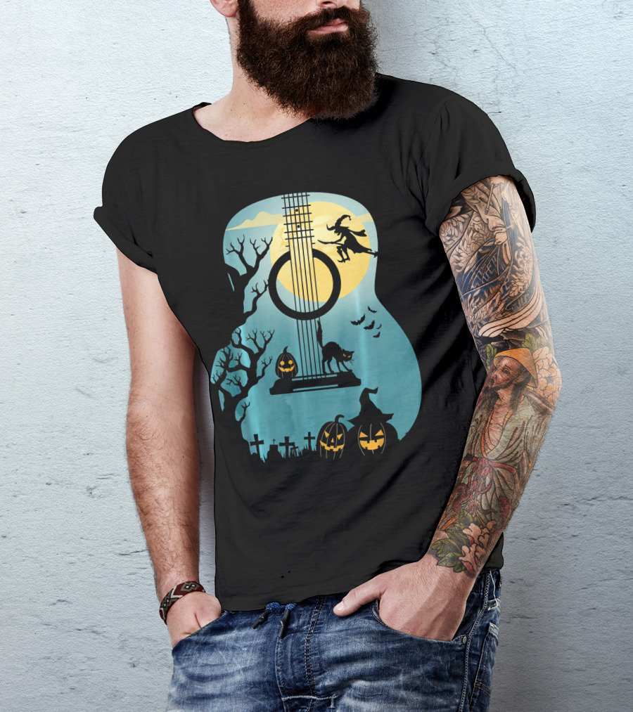 Halloween Guitar Witch Cat Pumpkins And Bat Scene T-Shirt
