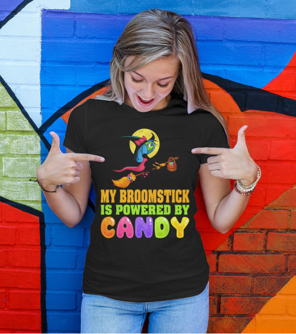My Broomstick Is Powered By Candy With Witch And Moon Scene T-Shirt
