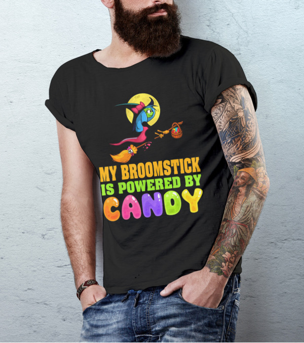 My Broomstick Is Powered By Candy With Witch And Moon Scene T-Shirt