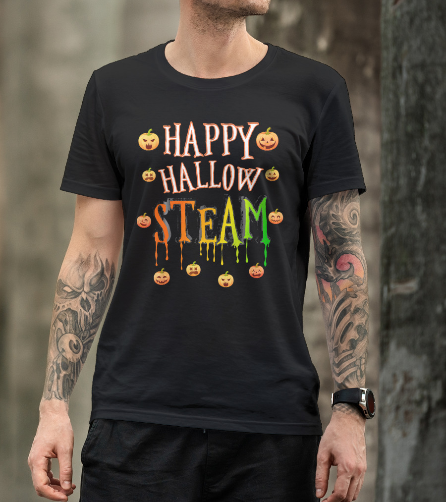 HAPPY HALLOW STEAM Pumpkin Faces Orange Green Dripping Letters T-Shirt