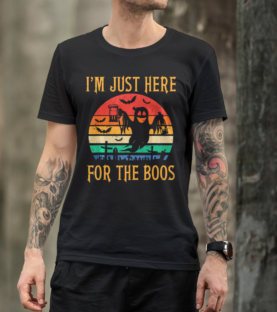 I'm Just Here For The Boos Halloween Ghost And Bats Retro Sunset T-Shirt