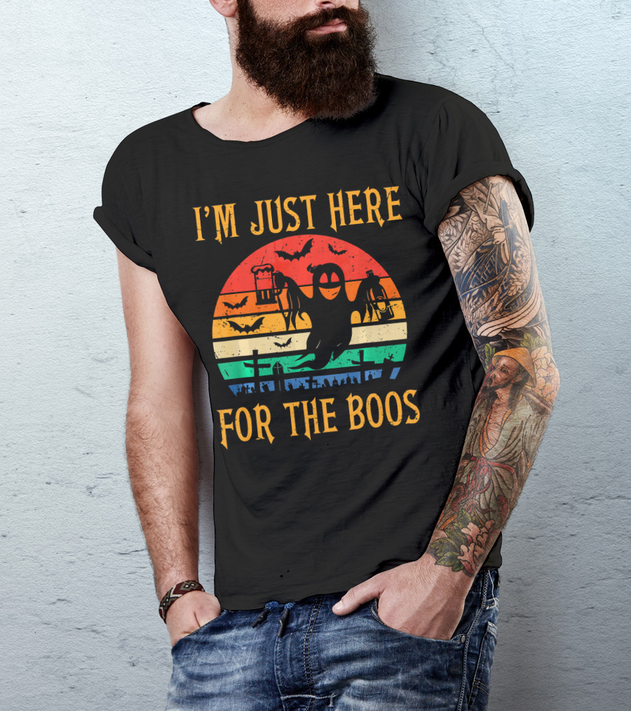 I'm Just Here For The Boos Halloween Ghost And Bats Retro Sunset T-Shirt