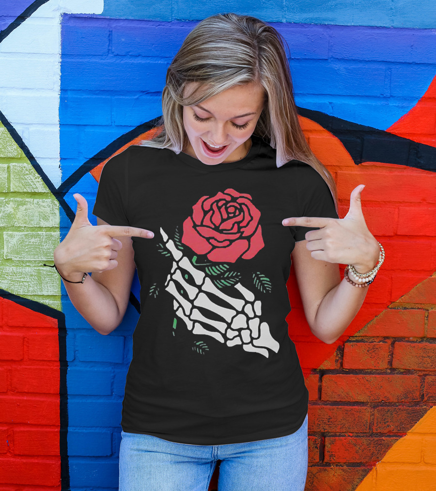Rose White Skeleton Hand Holding Red Rose T-Shirt
