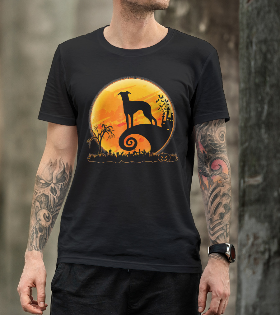 Italian Greyhound Dog Silhouette On Halloween Moon Night T-Shirt