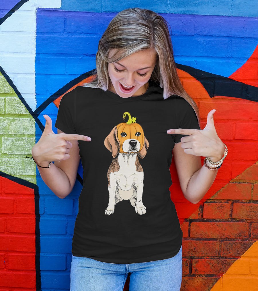 Beagle Wearing Pumpkin Face Funny Halloween Costume T-Shirt