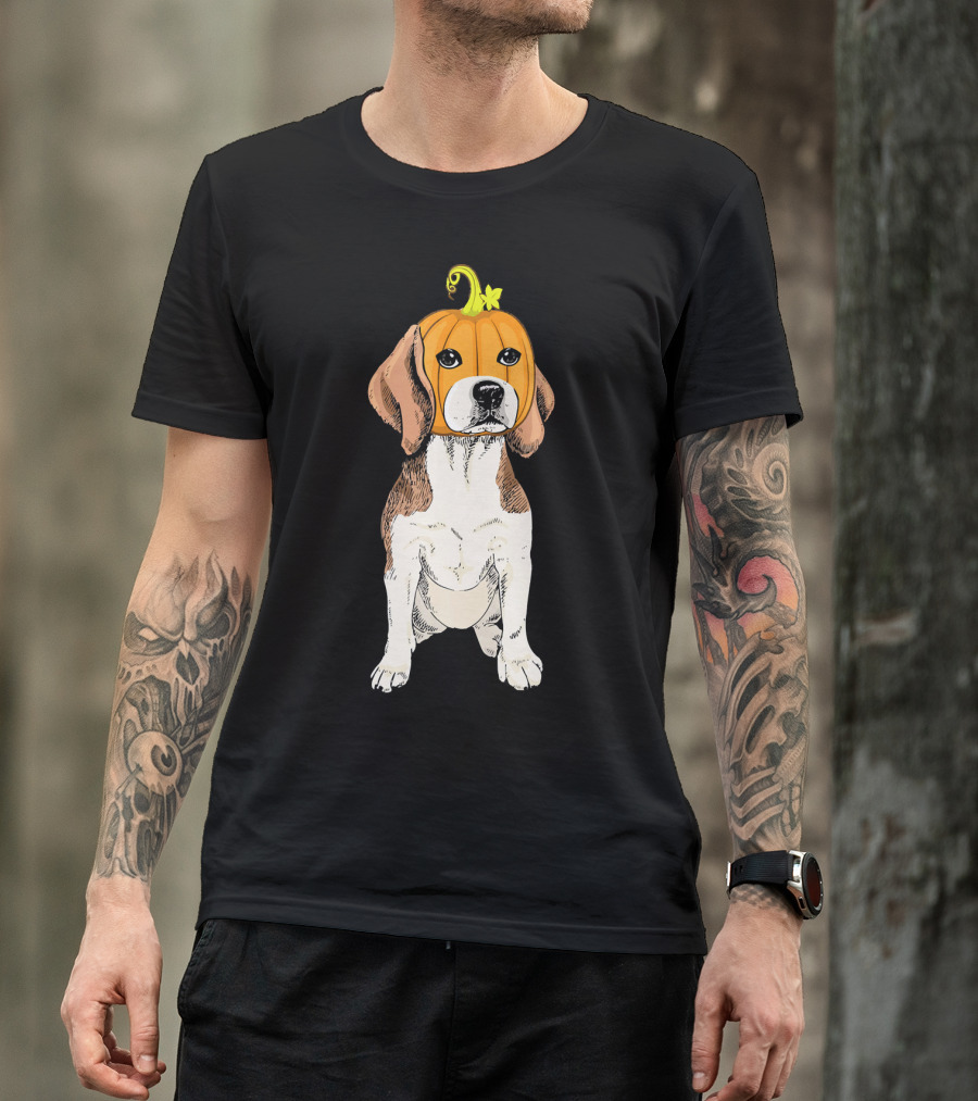 Beagle Wearing Pumpkin Face Funny Halloween Costume T-Shirt