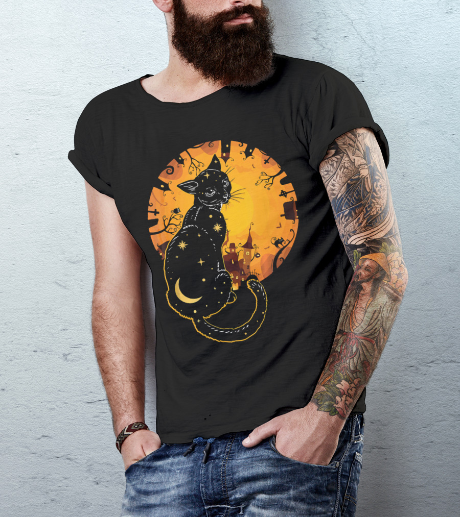 Halloween Black Cat With Stars And Moon In Haunted Landscape T-Shirt