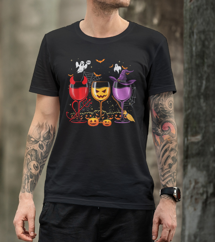 Three Glasses Of Wine Halloween Ghosts Pumpkins Bats Witches Devil T-Shirt