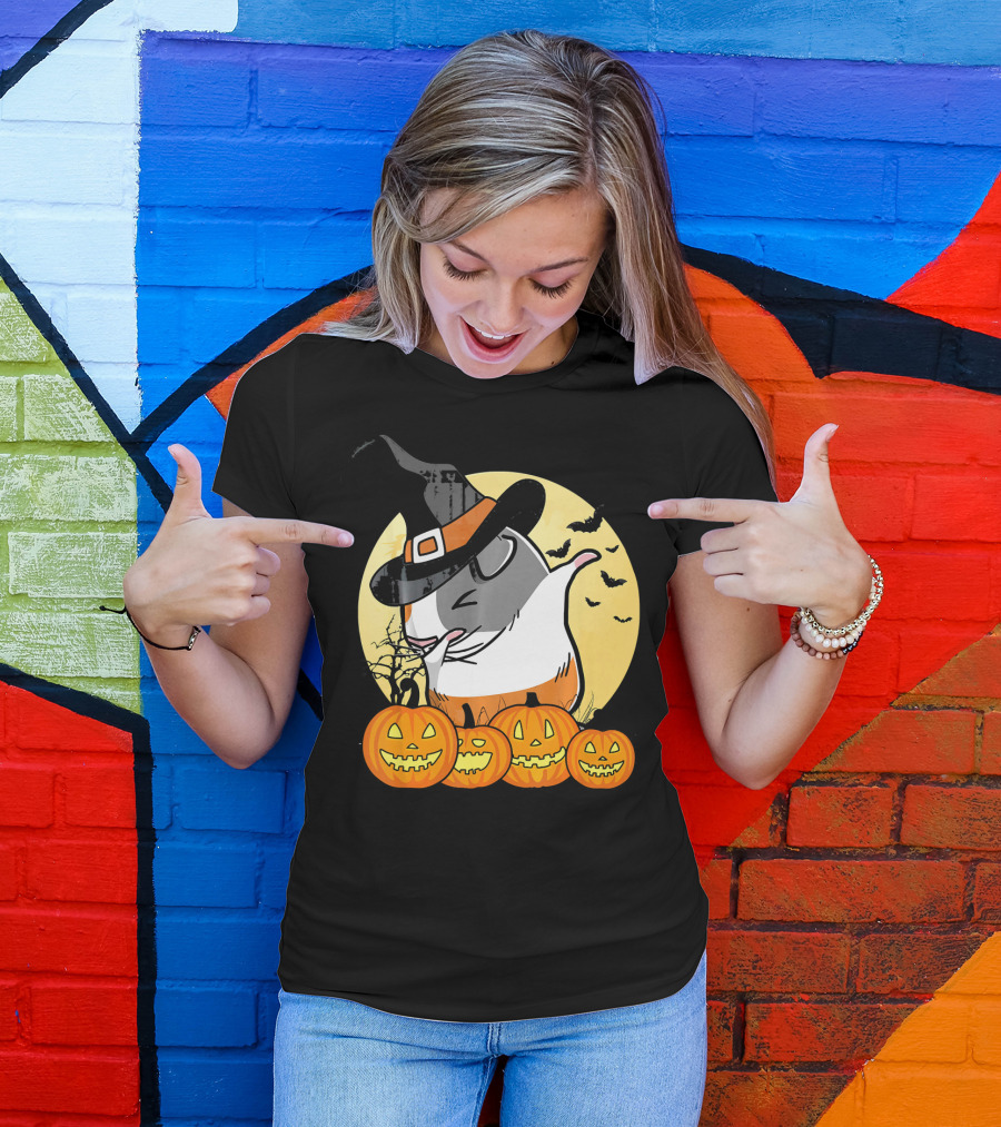 Witch Hat Dabbing Guinea Pig Halloween Pumpkins And Bats Moon Dance T-Shirt