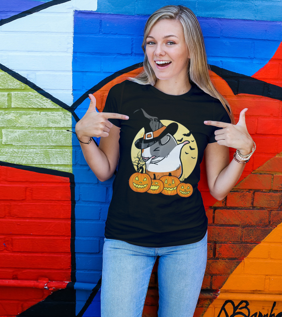 Witch Hat Dabbing Guinea Pig Halloween Pumpkins And Bats Moon Dance T-Shirt
