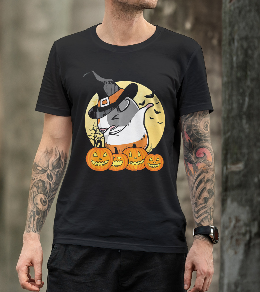 Witch Hat Dabbing Guinea Pig Halloween Pumpkins And Bats Moon Dance T-Shirt