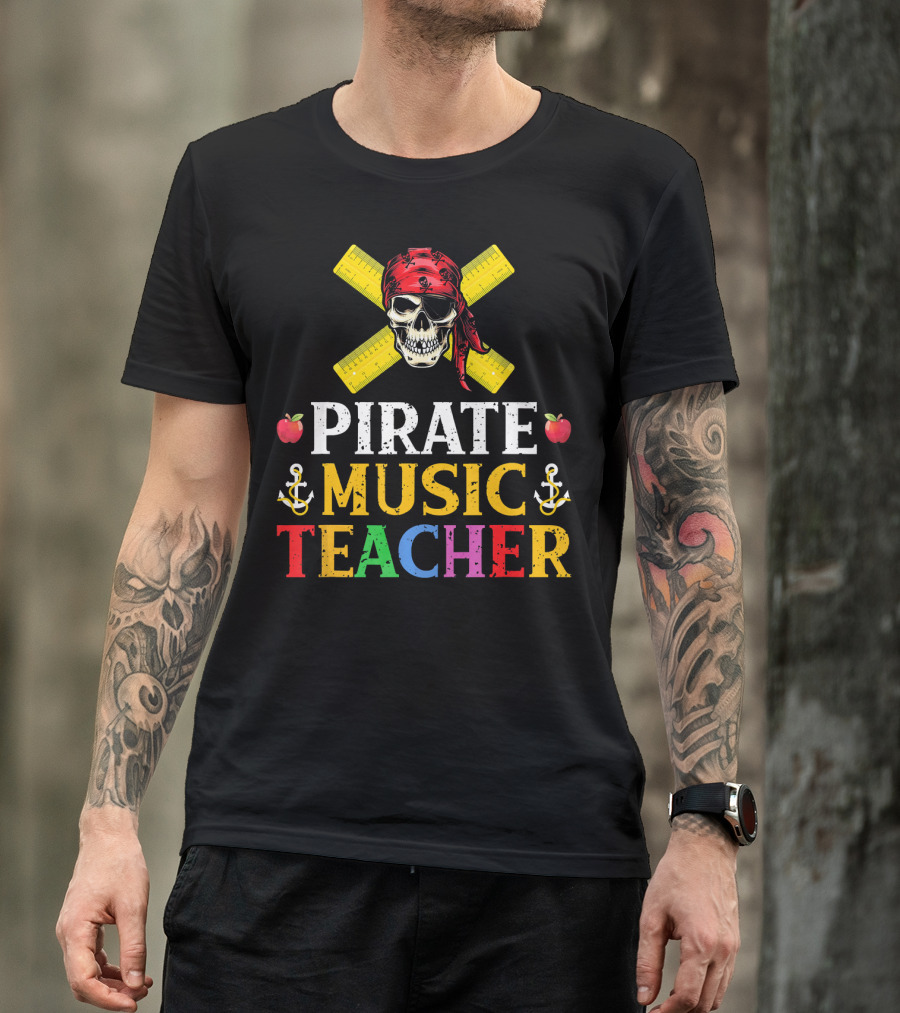 Funny Pirate Music Teacher Halloween Skull Anchors Apples Rulers T-Shirt