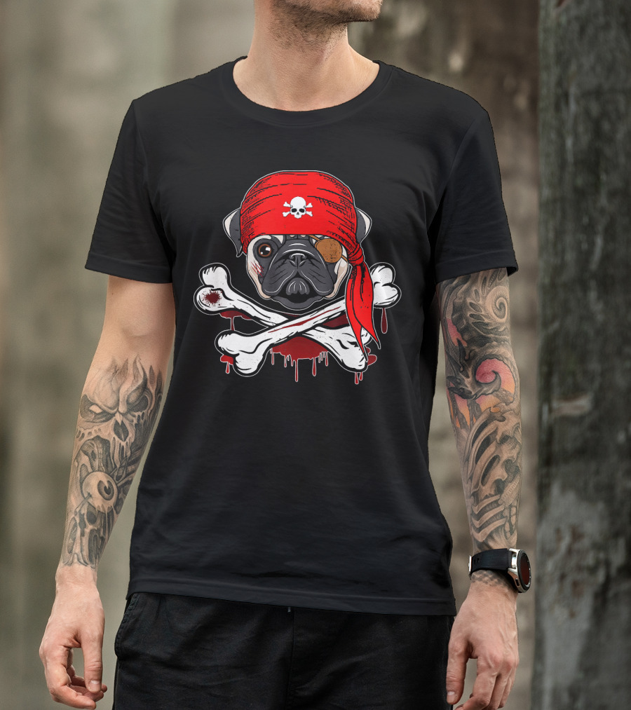 Funny Pirate Pug Dog With Skull Bandana And Crossbones T-Shirt