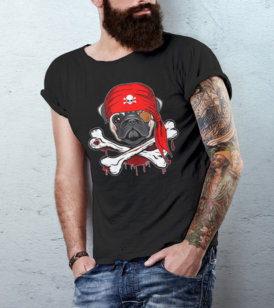 Funny Pirate Pug Dog With Skull Bandana And Crossbones T-Shirt