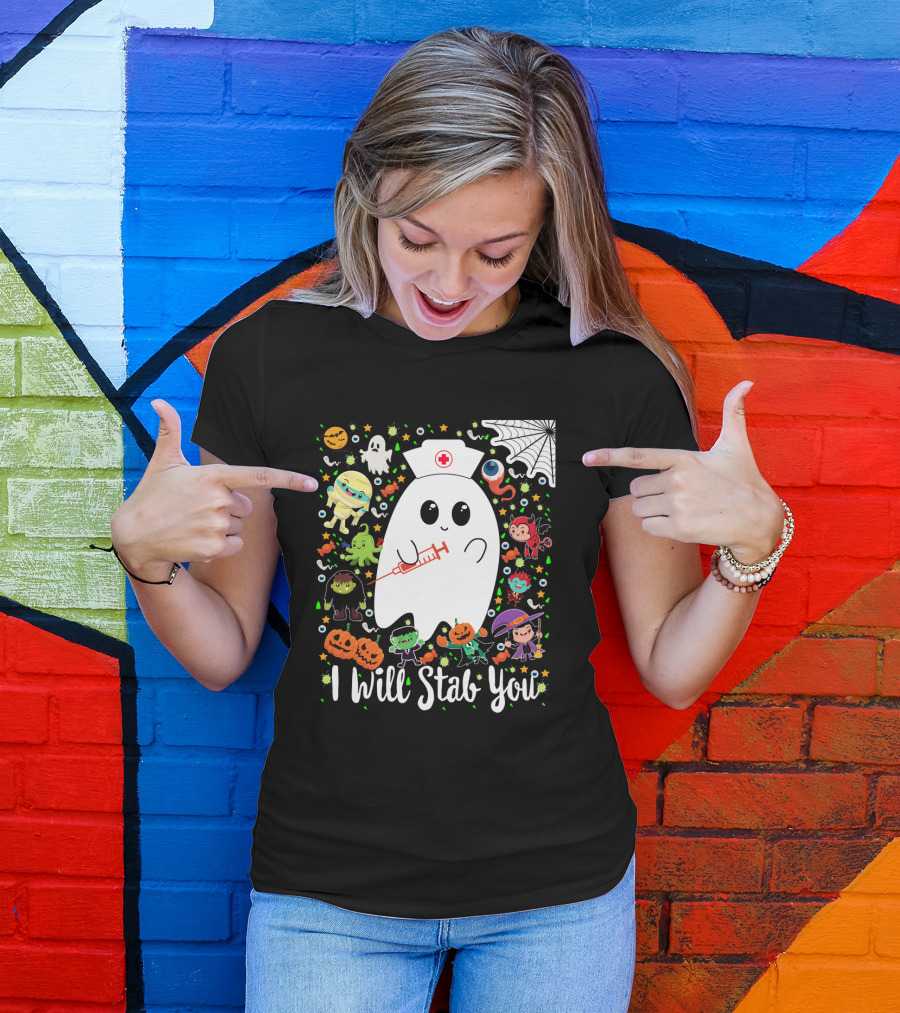 I Will Stab You Funny Halloween Ghost Nurse With Syringe Surrounded By Monsters Pumpkins And Web T-Shirt