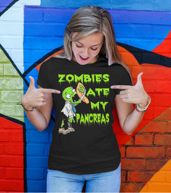 Zombies Ate My Pancreas Diabetes Awareness Cartoon Zombie Holding Organ T-Shirt