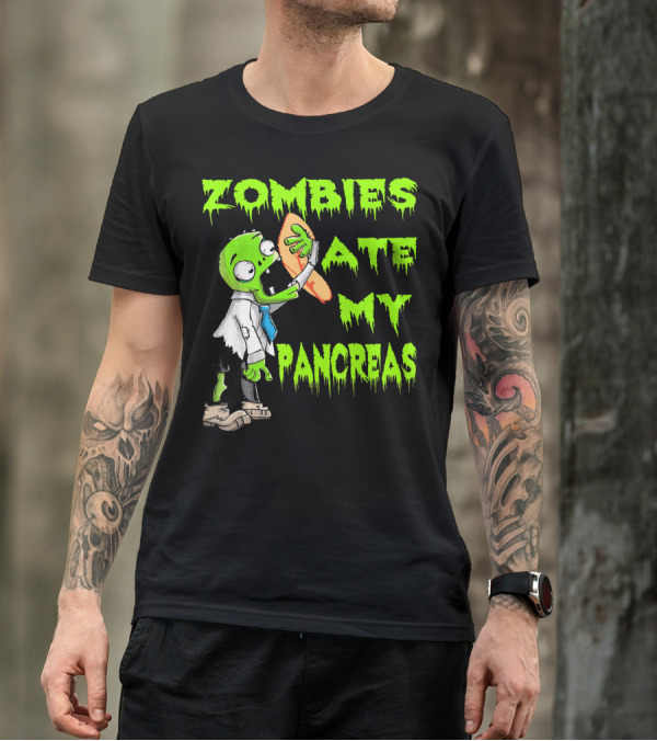 Zombies Ate My Pancreas Diabetes Awareness Cartoon Zombie Holding Organ T-Shirt